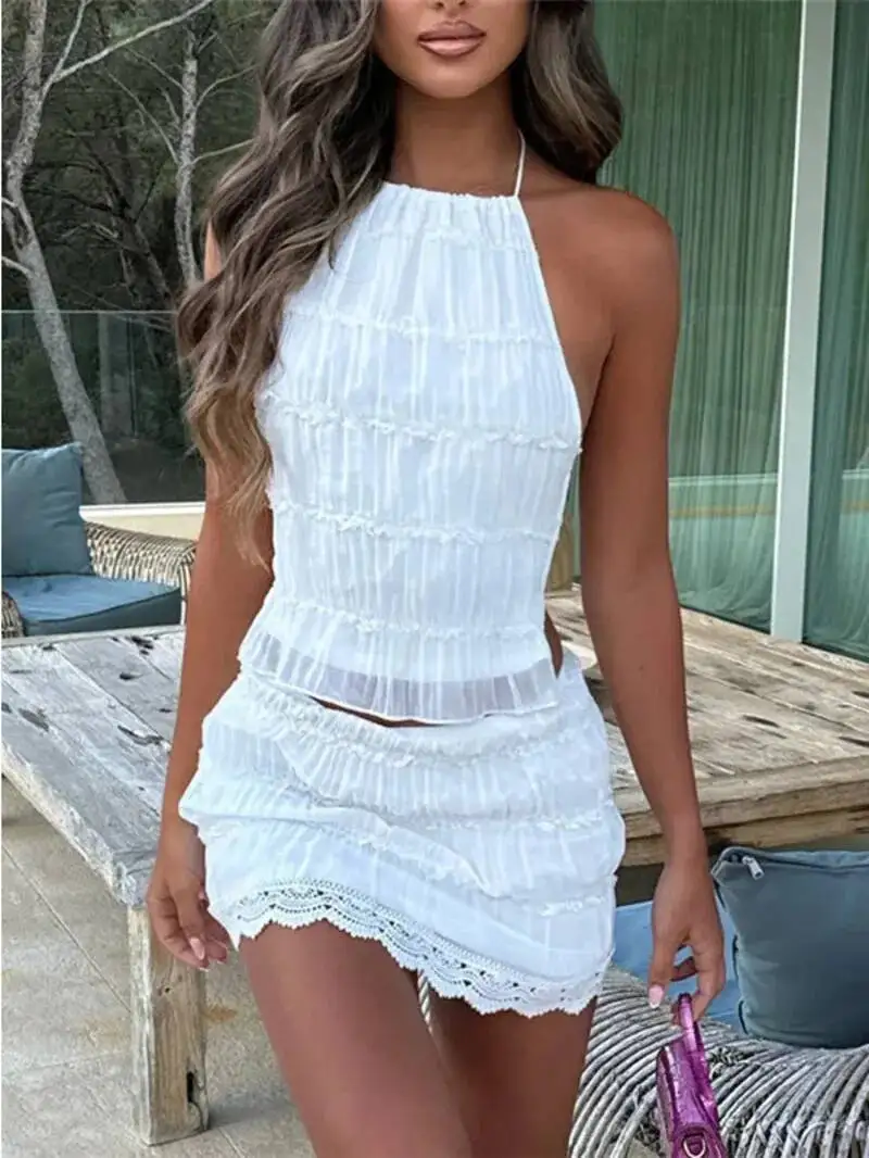 Two Piece Skirt Set For Women Y2k Lace Sheer Mesh Ruched Halter Top Smocked Mini Skirt Summer Beach Matching Outfits PJ9C