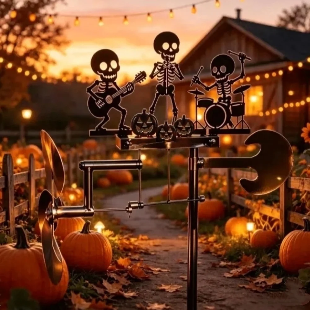 Rotating Halloween Skeleton Metal Drummer Wind Wind-Powered Heavy Duty Rock Trio Skeleton Wind Spinner Artistic Spooky