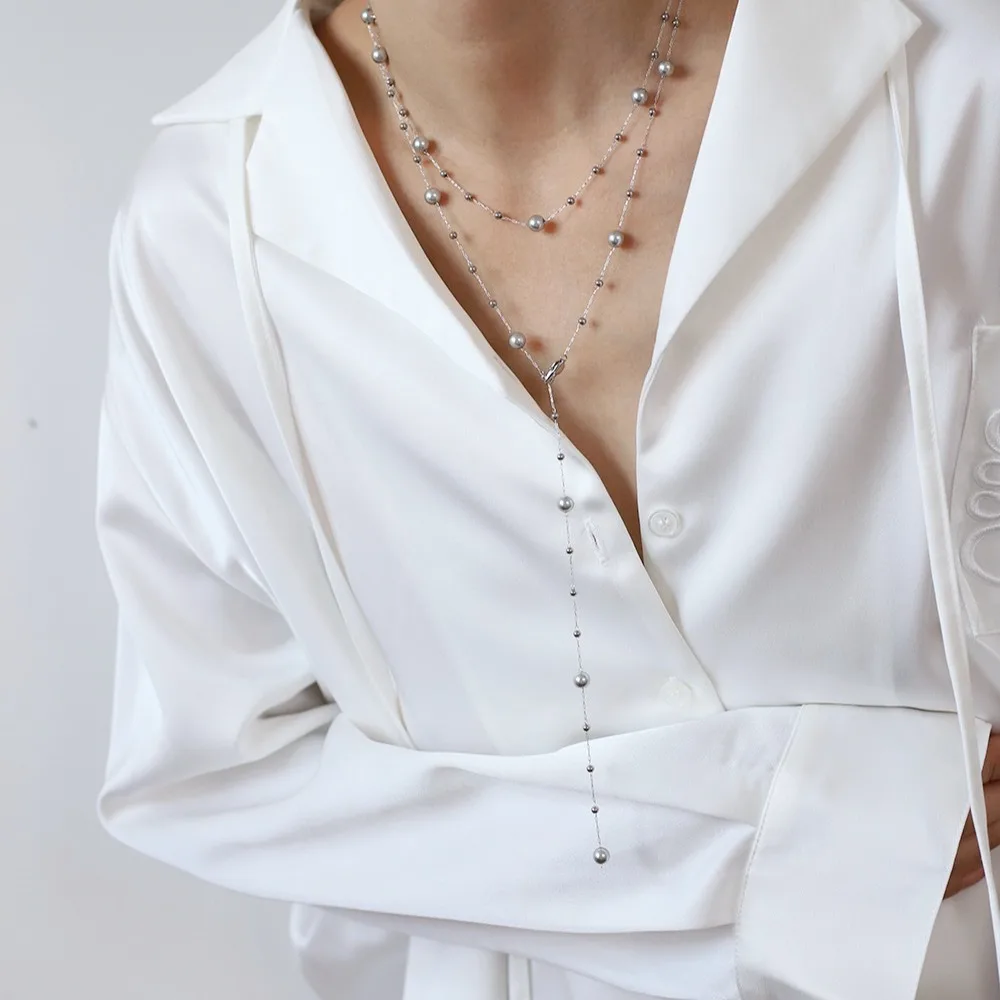 

Fashionable Glass Grey Pearl Handmade Necklace Stainless Steel Summer Charm Jewelry Waterproof