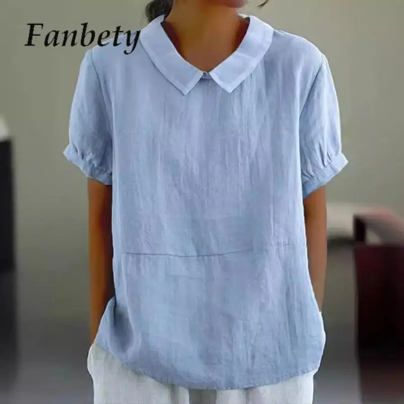 

Casual Lapel O-Neck Simple Loose Blouse Summer 2024 Solid Office Lady Tops Temperament Short Sleeve Shirts Pullover For Women