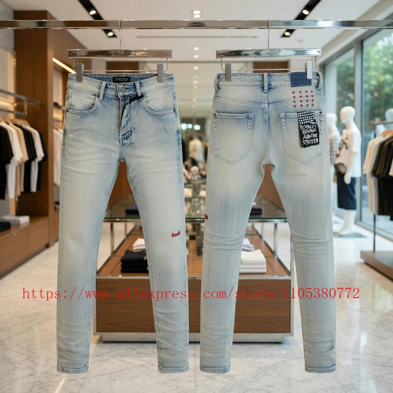 

2026 Hot New Men's Premium Light Blue Washed Skinny Jeans Small Embroidery Denim Pants High Street Fashion Trousers