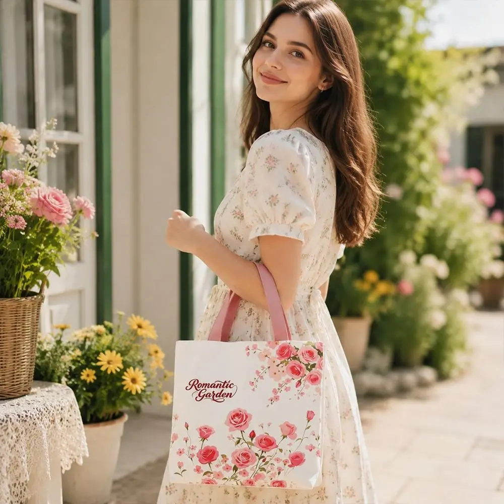 Portable Floral Canvas Tote Bag Large Capacity Lightweight Shoulder Bag Reusable Shopping Bag For Students