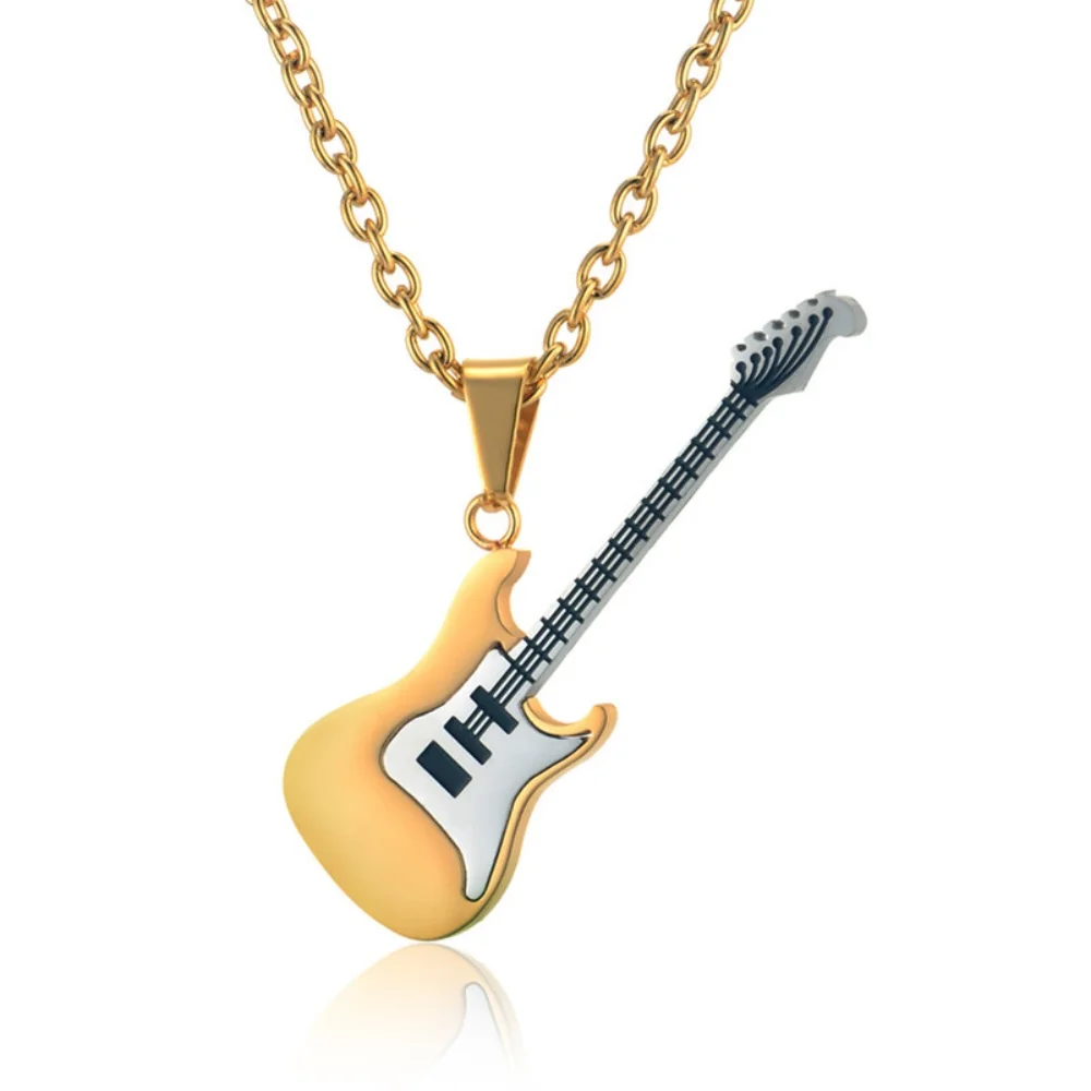 

Trendy Guitar Necklace Pendant For Woman Hip Hop Silver Color Men Stainless Steel Punk Rock Musical Necklaces Music Jewelry