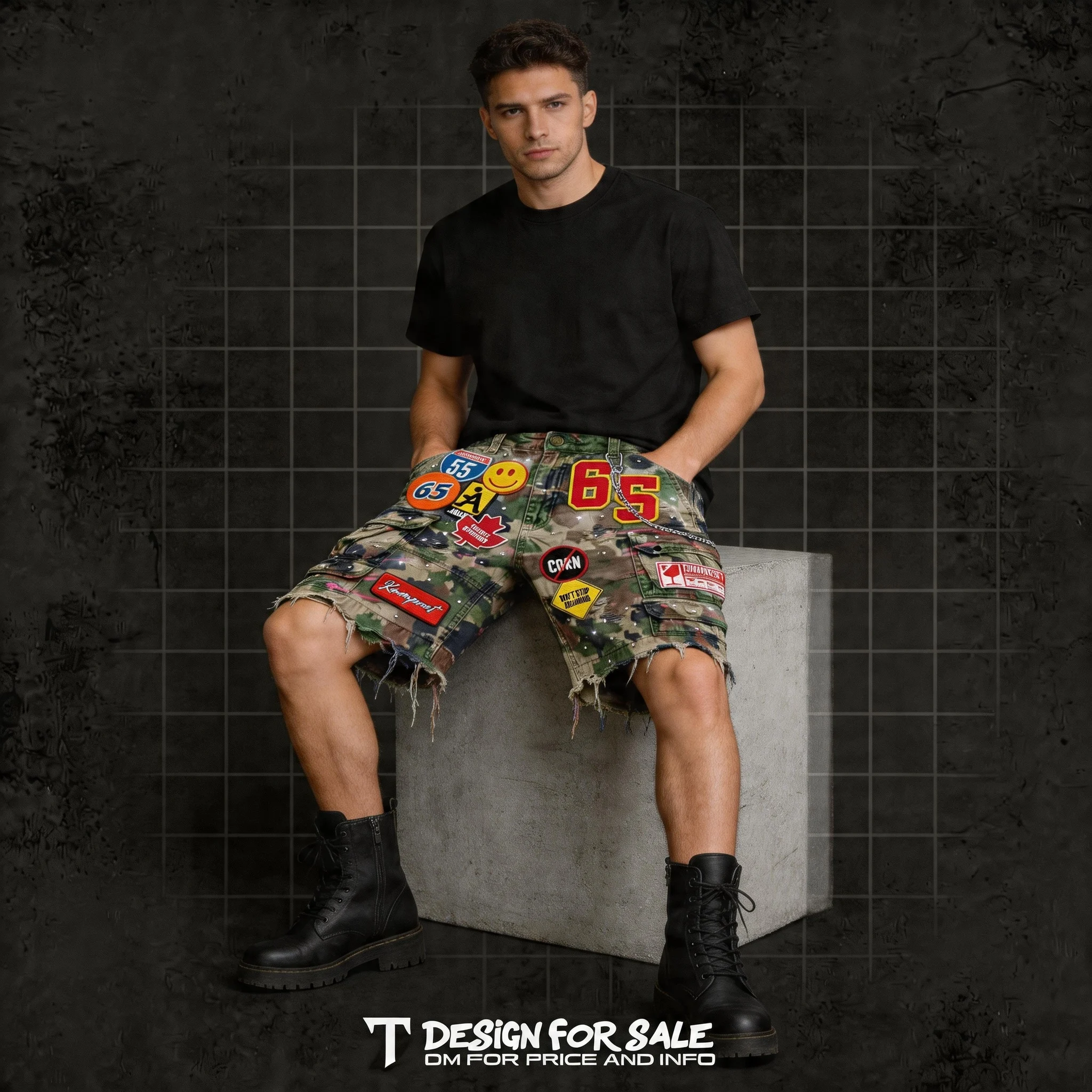 Camouflage Patchwork Denim Short Y2k Jeans Men Women Hip Hop Cartoon Graphics Loose Retro Streetwear Denim Fitness Casual Shorts