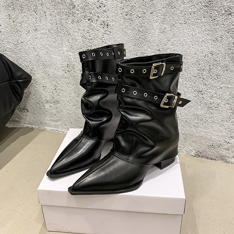 

Осенние винтажные женские сапоги в стиле вестерн на толстом каблуке в стиле пастушки, модные женские элегантные слипоны с пряжкой на ремне, современные ботильоны до середины икры