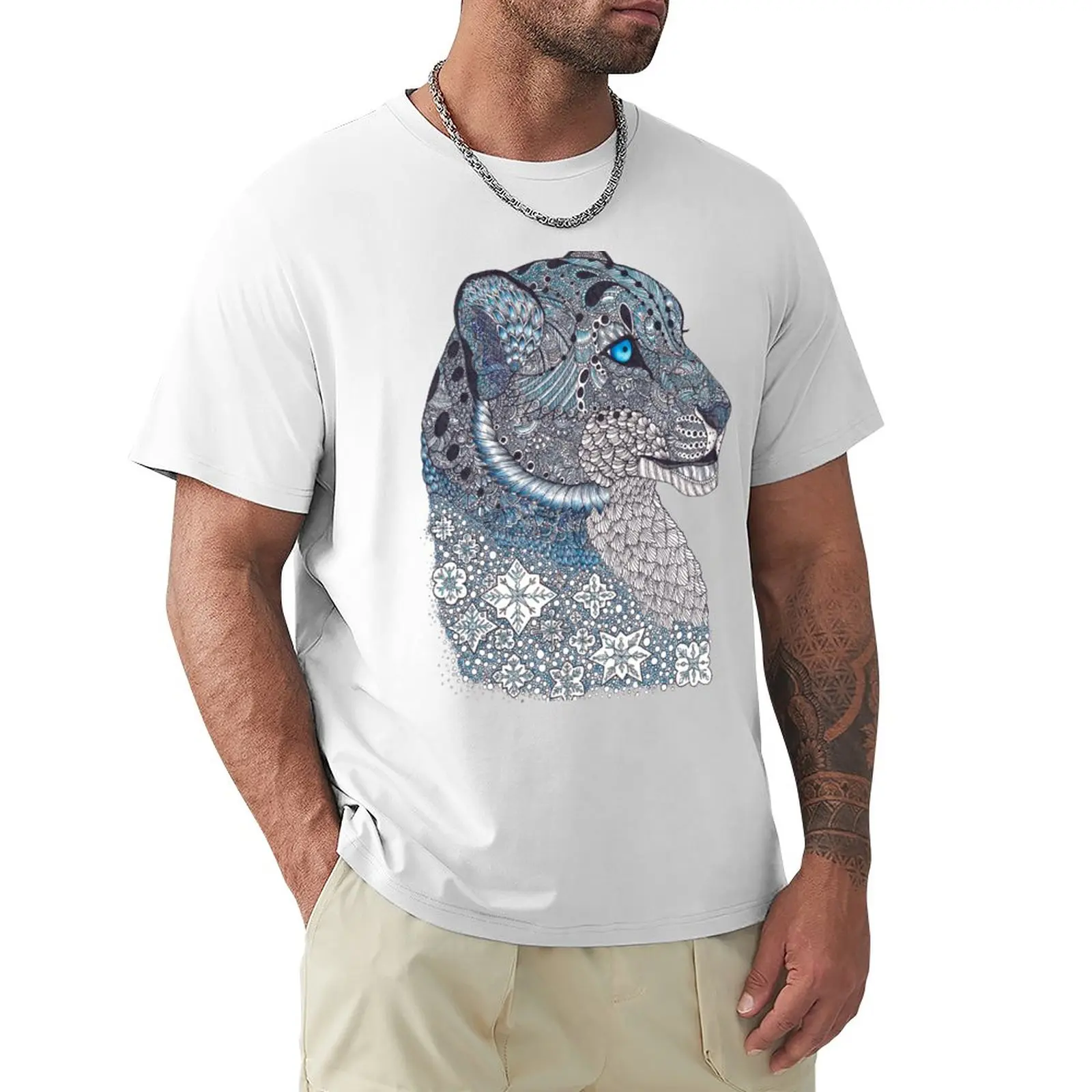 Blue Zentangle Snow Leopard and Snowflakes T-Shirt new edition t shirt sweat shirts tops black t-shirts for men