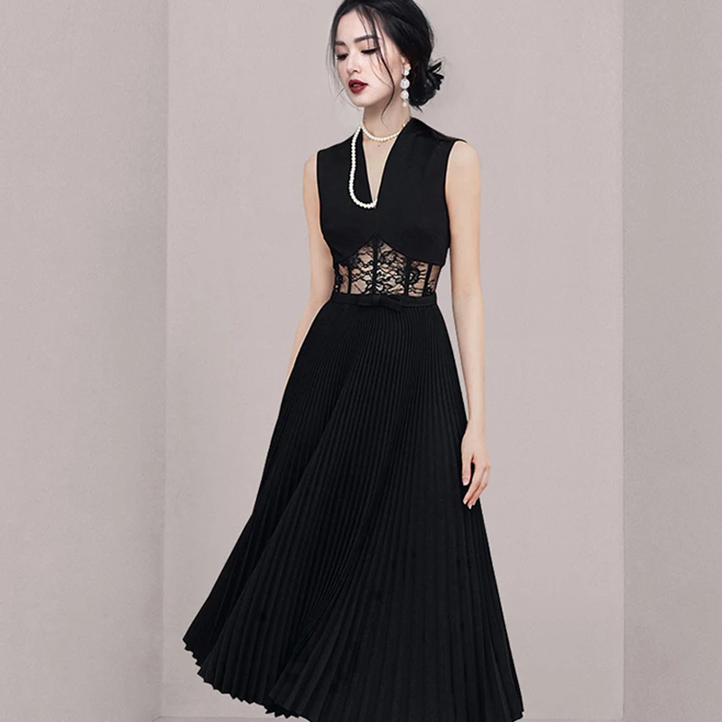 Runway Elegant Lace Splicing Long Women's Summer Sheath Office Party Dresses Occupation Work A Line Sheer Pleated Vestidos