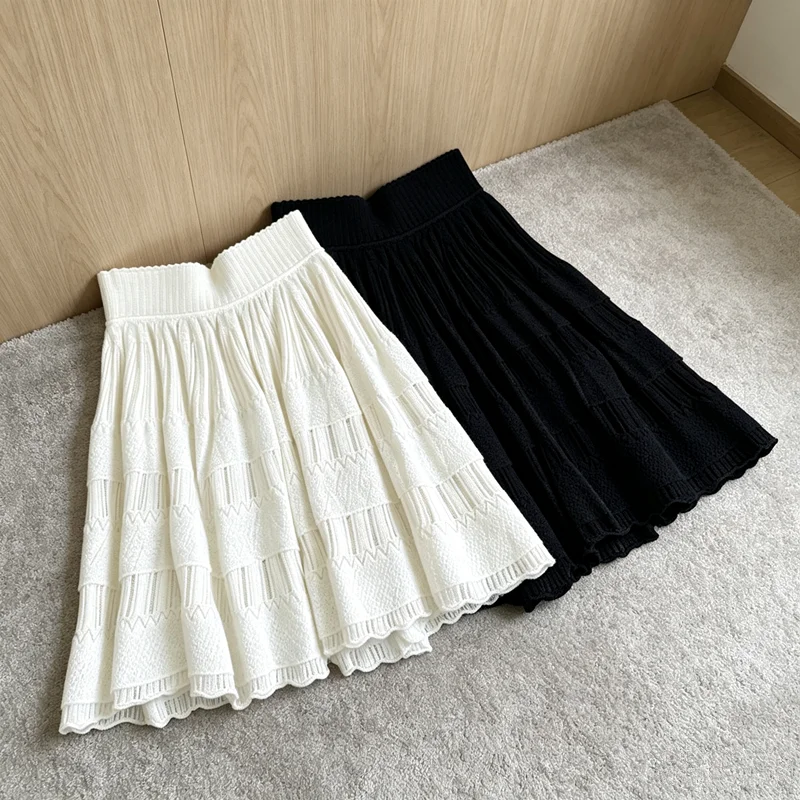 

Women's 2026 Spring and Summer New Wool Pleated Hollow Elastic Waist Overskirt