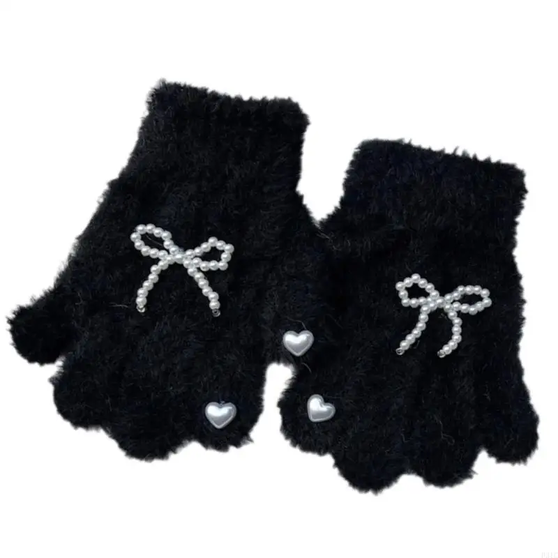 

P31C Fashionable Girls Knit Gloves Split Finger Mitts with Delicate Pearls Bowknot