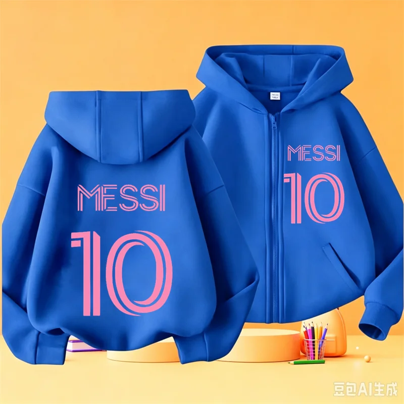 Messi football star children's zipper-style hooded sweatshirt for boys, casual top,casual jacket, fall/winter coat,cartoon print