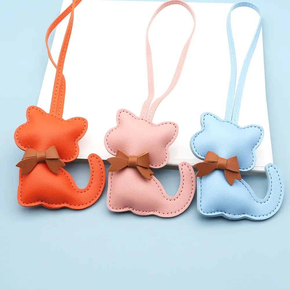 

New PU Leather Kitten Bag Charm with Bow Cute Cartoon Animal Cat Pendant for Women's Handbags Small Gift