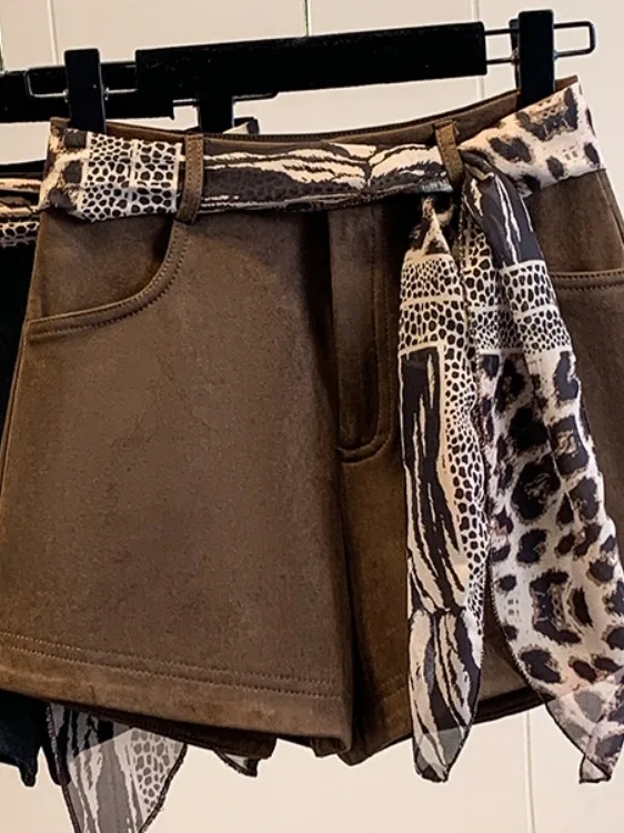 

Женские короткие брюки из замши цвета хаки, осенне-зимние, новые, с широкими штанинами, высокой талией, утягивающие, универсальные, для ношения поверх одежды, с леопардовым принтом
