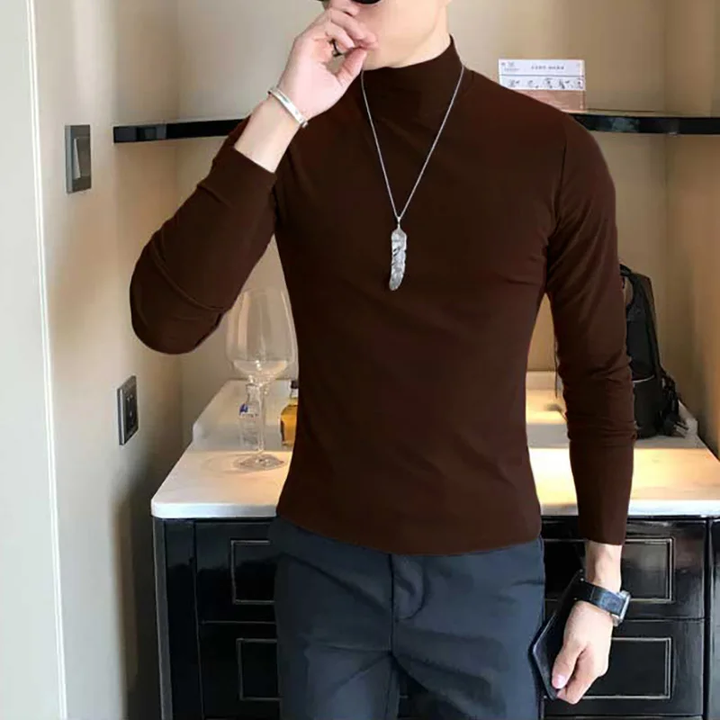 Frühling Neue männer Rollkragen T-shirt Langarm Slim Fit Einfarbig Hohe Elastische Bodenbildung Pullover Grundlegende Stil Männliche Tops – Detail 12
