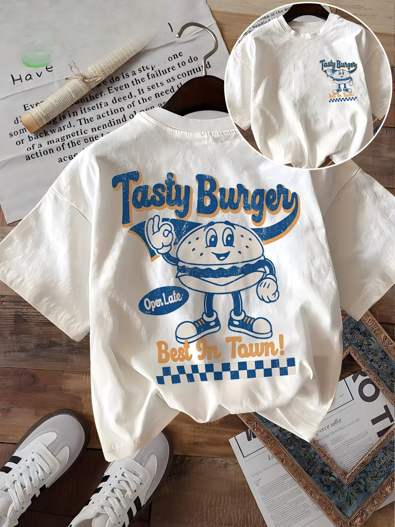 Tasty Burger Grafik-T-Shirt für Damen, lustiges Cartoon-Burger-Print-T-Shirt, Sommer, lässig, Retro, ästhetisch, Harajuku, Streetwear, modisches Top