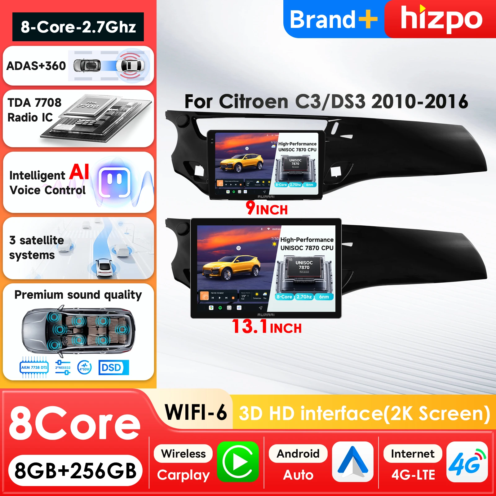 

AURA AI 2K 3D Screen 8Core Car Multimedia Player for Citroen DS3 2010 -16 Carplay GPS Autoradio Intelligent Systems 360cam