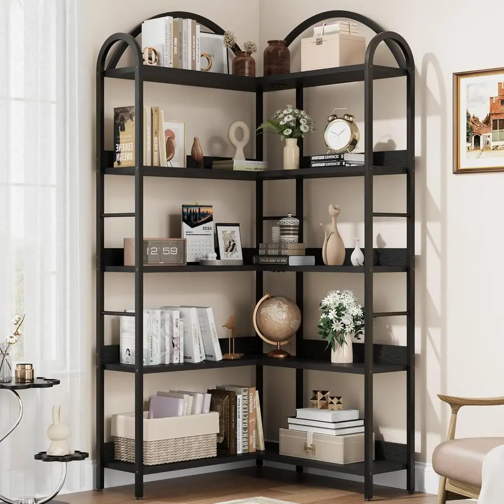 

Arched L-Shaped Bookcase, Large Metal Shelving Unit for Living Room and Bedroom Display