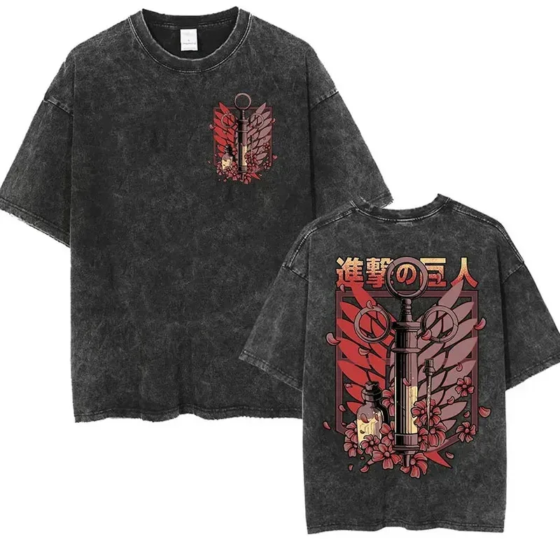 Camiseta Retro lavada de ataque a los Titanes Y2k de gran tamaño para mujer y hombre, ropa de algodón con Logo de Mikasa Ackerman Eren Jaeger Wings of Freedom