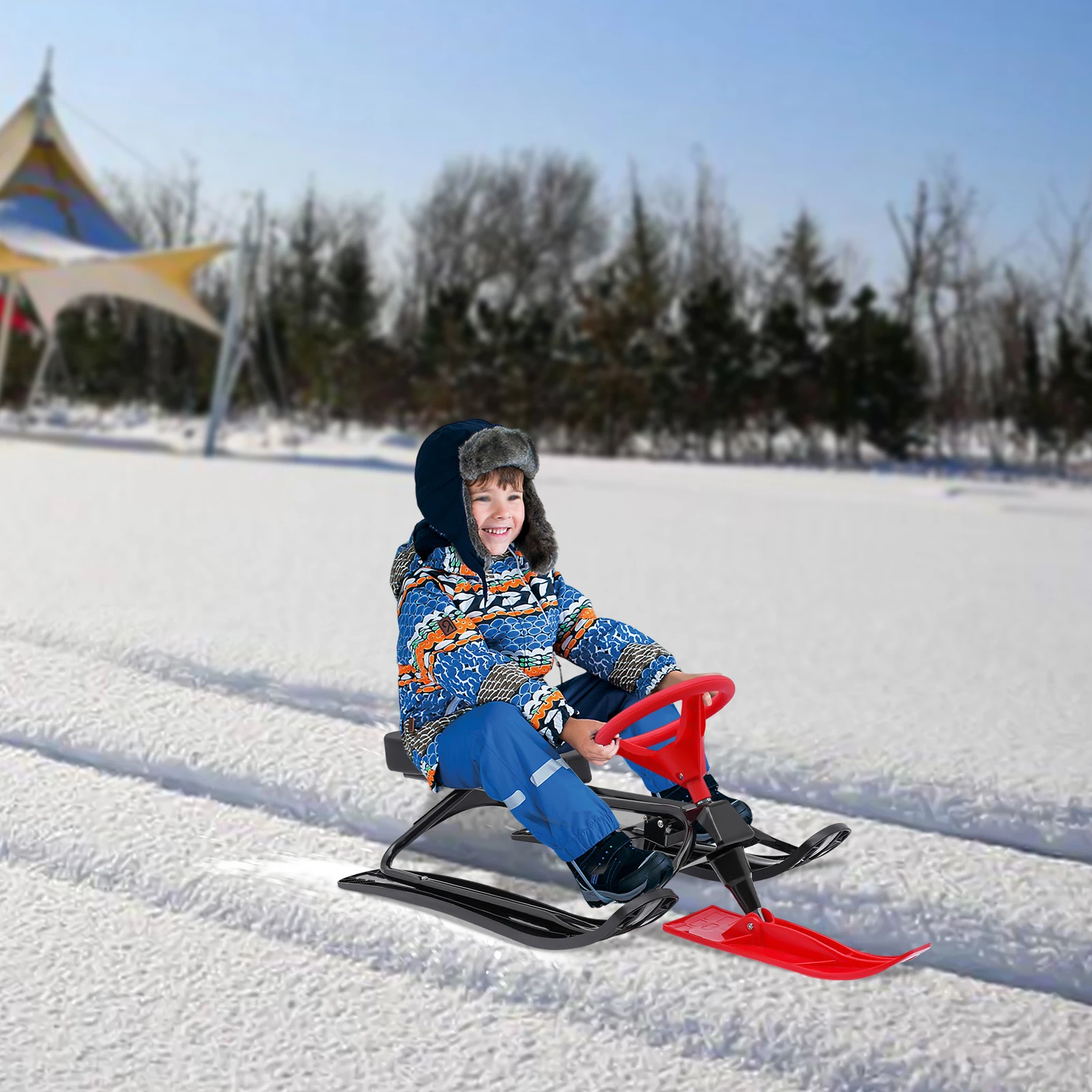 Snow Racer Sled, Ski Sled Slider Board with Steering Wheel, for Kids 3-15 Years Old, for Skiing, Ice Skating, 100 kg Load, Red
