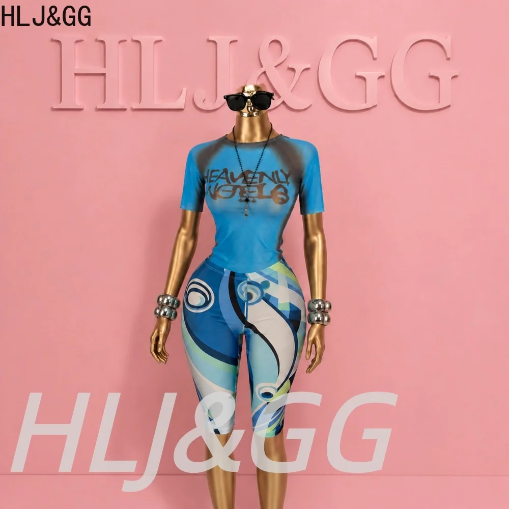 HLJ&GG Y2K Fashion Mesh See Though Letter Tshirts Two Piece Sets Women Round Neck Slim Crop Top And Shorts Outfits Streetwear view 4