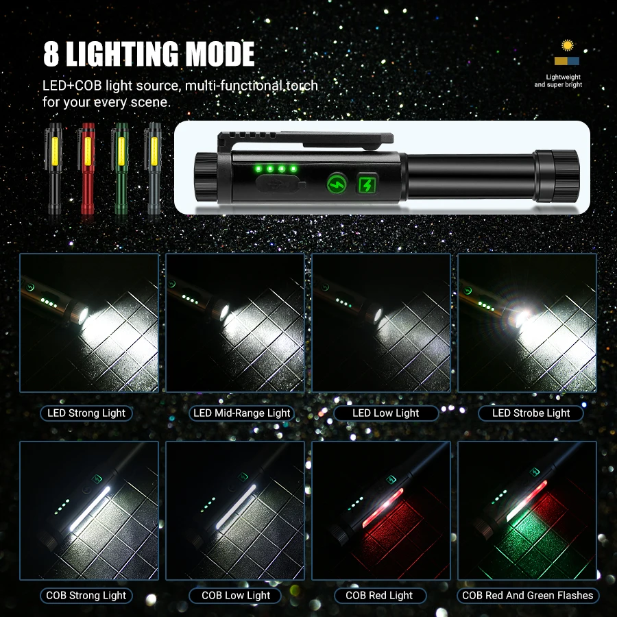 Type-c Rechargeable Mini LED Flashlights Pocket Clip Penlight COB Red And Green Flashes Dual Magnetic Design Waterproof Torch