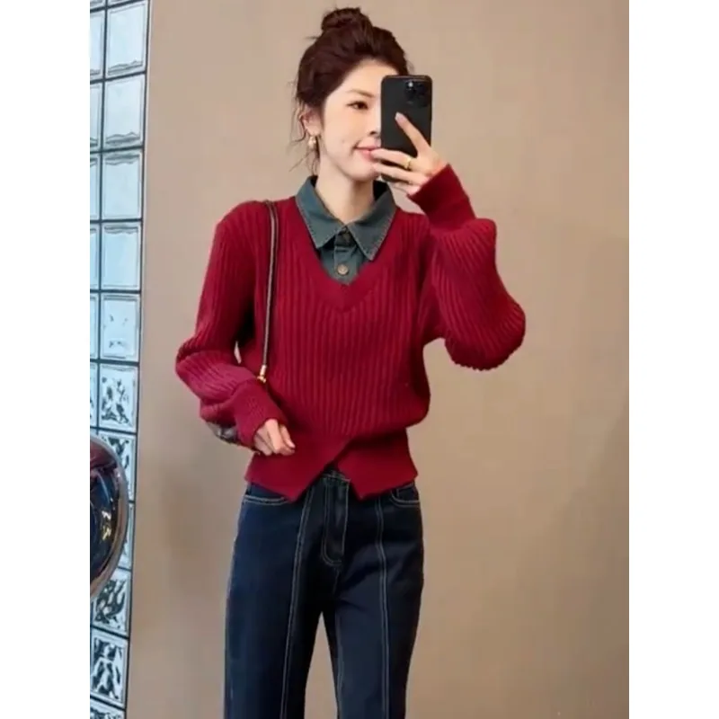 

Fashionable Retro Denim Shirt Collar with V-neck Fake Two-piece Knitted Sweater