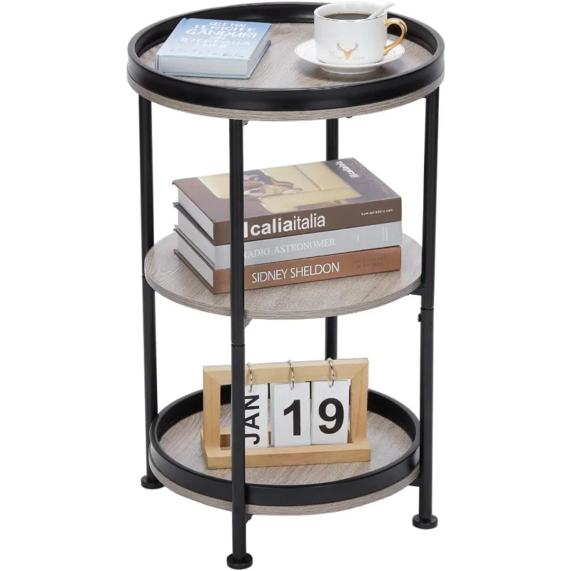 

Round End Table with 3 Storage Shelves for Living Room, Bedroom, Nightstand with Steel Frame for Small Spaces