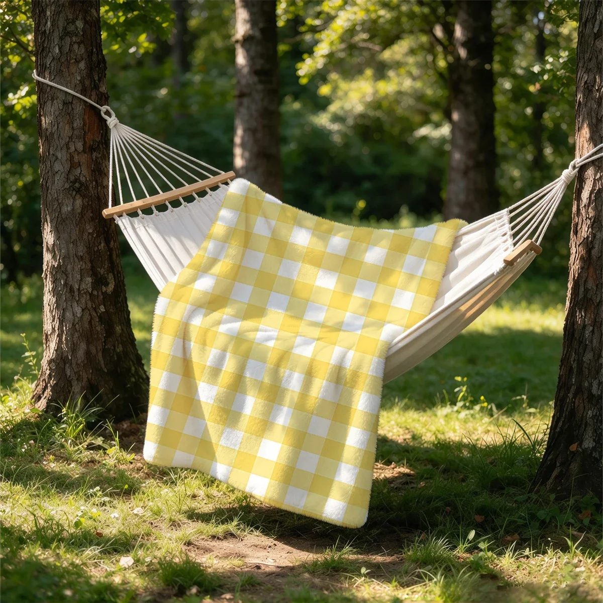 Chunky Yellow and White Gingham Picnic Blanket Throw Cozy Outdoor Patio Beach Day Cover