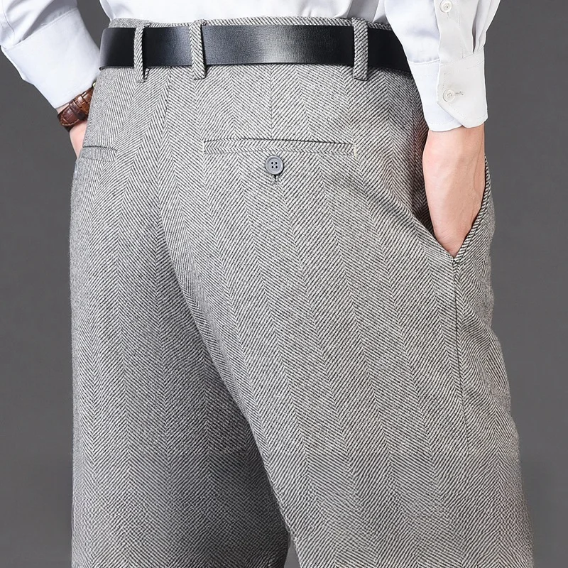 Autumn Winter Suit Pants Thicken Mens British Pants Straight Flat Loose High Waist Twill Dress Men Wool Trousers Size 40 42 44