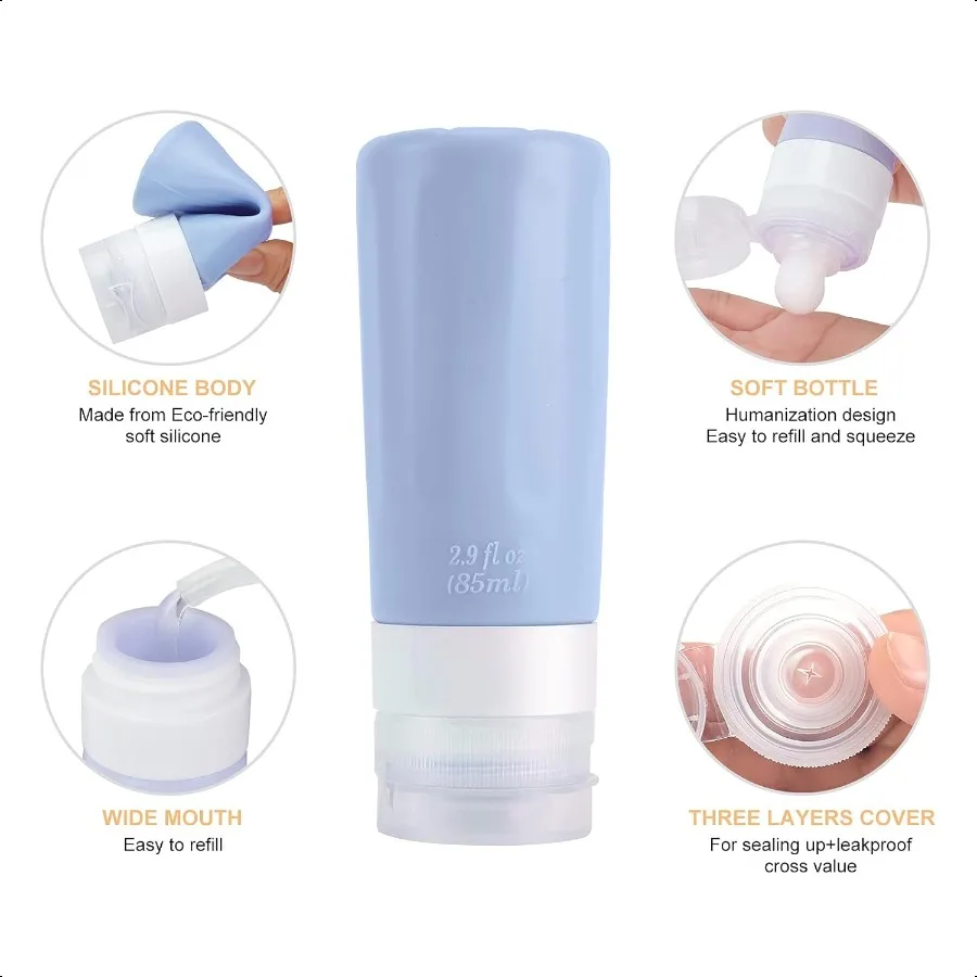 زجاجات السفر المعتمدة من إدارة أمن المواصلات الأمريكية، 15 عبوة 2.9 أونصة من السيليكون قابلة لإعادة الملء، أنابيب سفر خالية من مادة BPA لمستحضرات التجميل والشام