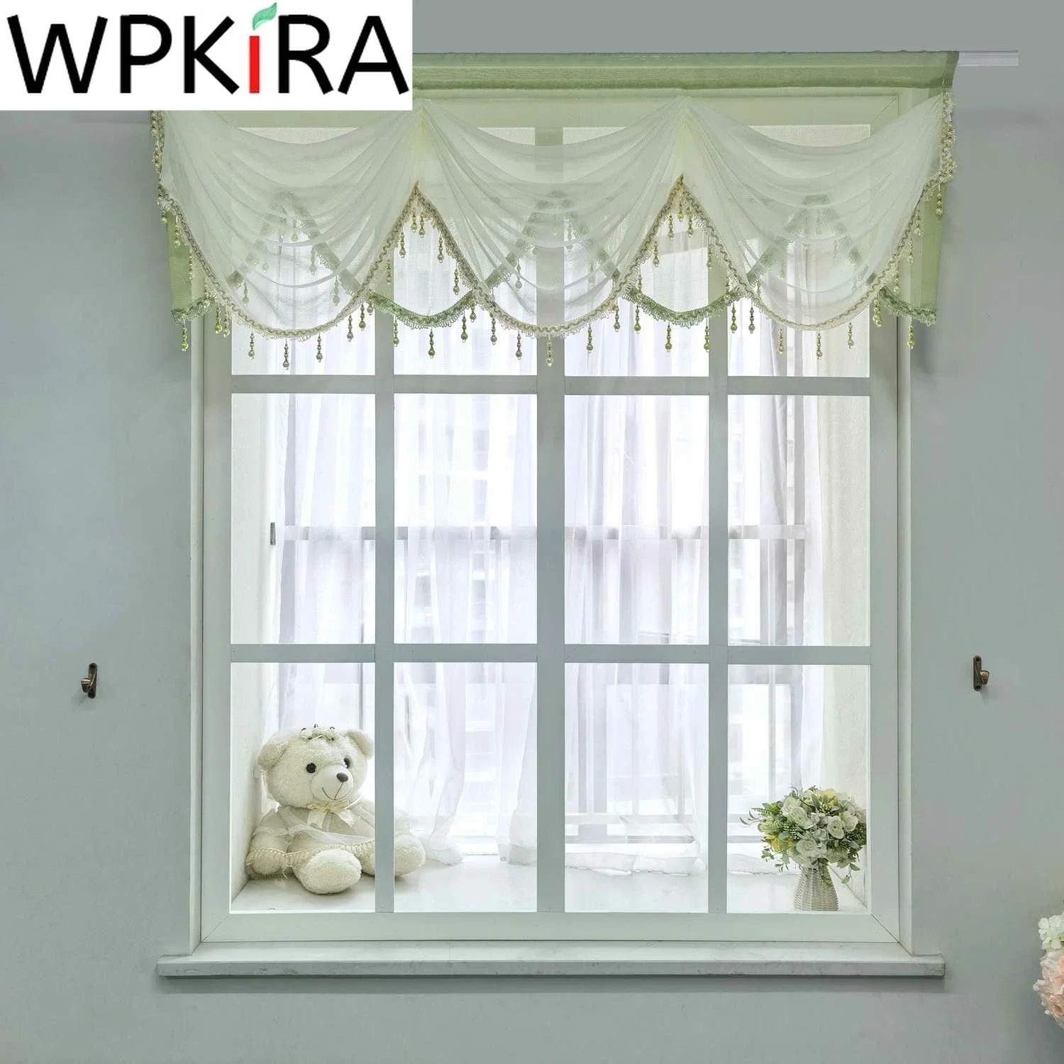 

Pastoral Green Luxury Tulle Window Valance for Curtain Living Room Bedroom Beads Tassel Curtains Shade Head Custom Home Decor