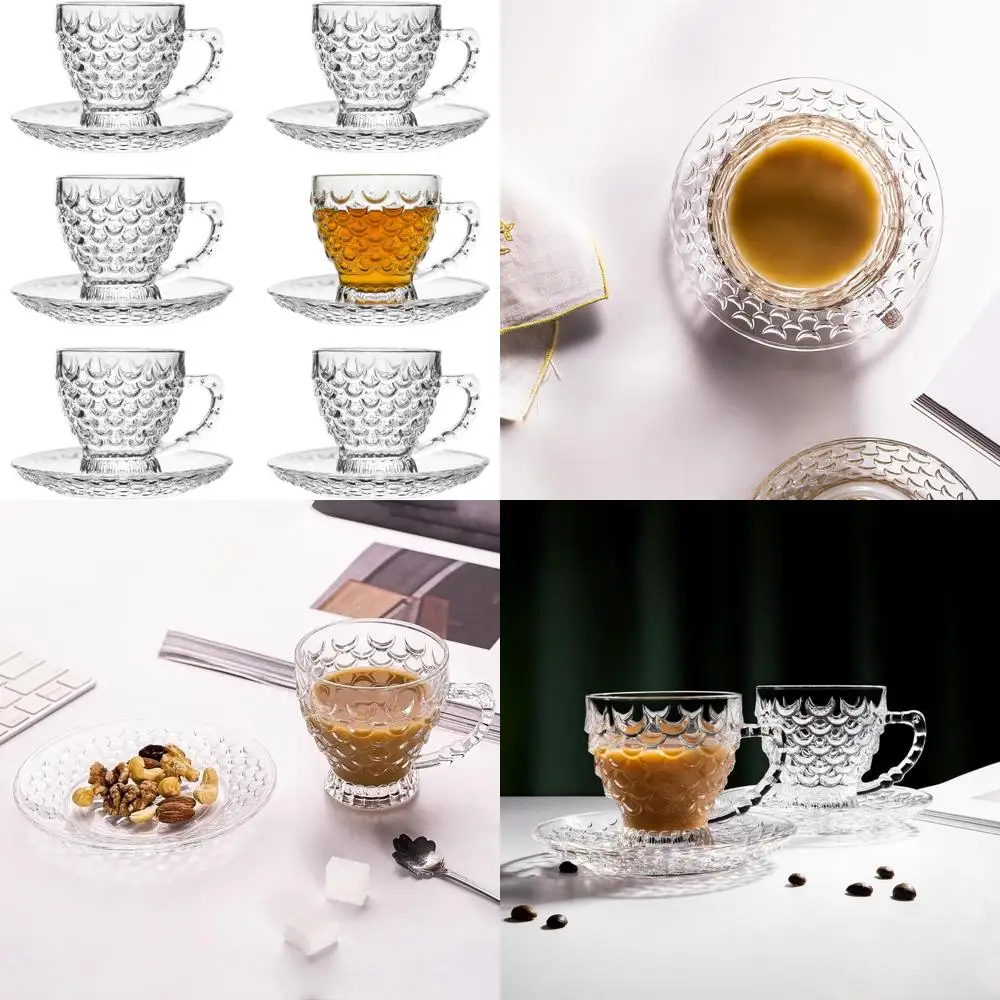 

glass tea cups and saucers set of 6 - fish scale coffee mugs - teacups set for espresso cappuccino latte tea - dishwasher microw