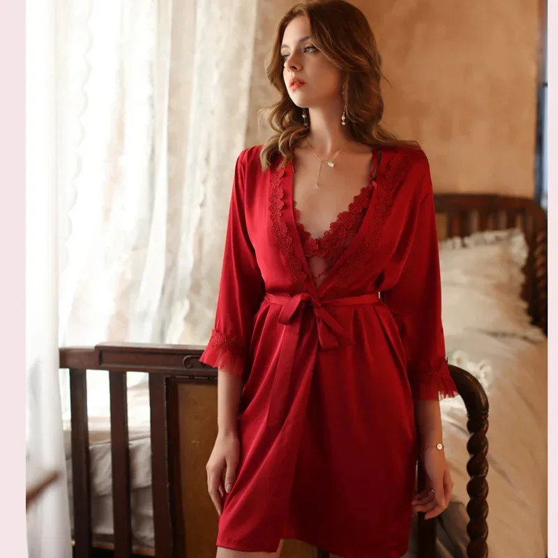 

Bride White Bathrobe Suit Women Lace Hollow Out Nightgown Summer New Kimono Robe Set Lingerie Twinset Sleepwear Gown Clothing d'
