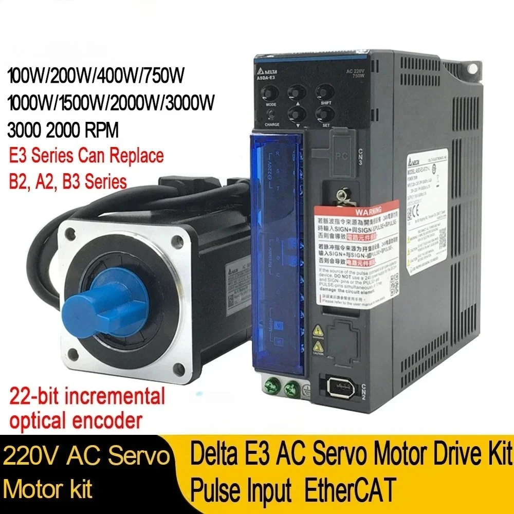 400W 750W 1KW 40 60 80 130 180mm Flange 22bit Replace B2 B3 A2 Pulse Input EtherCAT Delta E3 Series 220V AC Servo Motor Kit