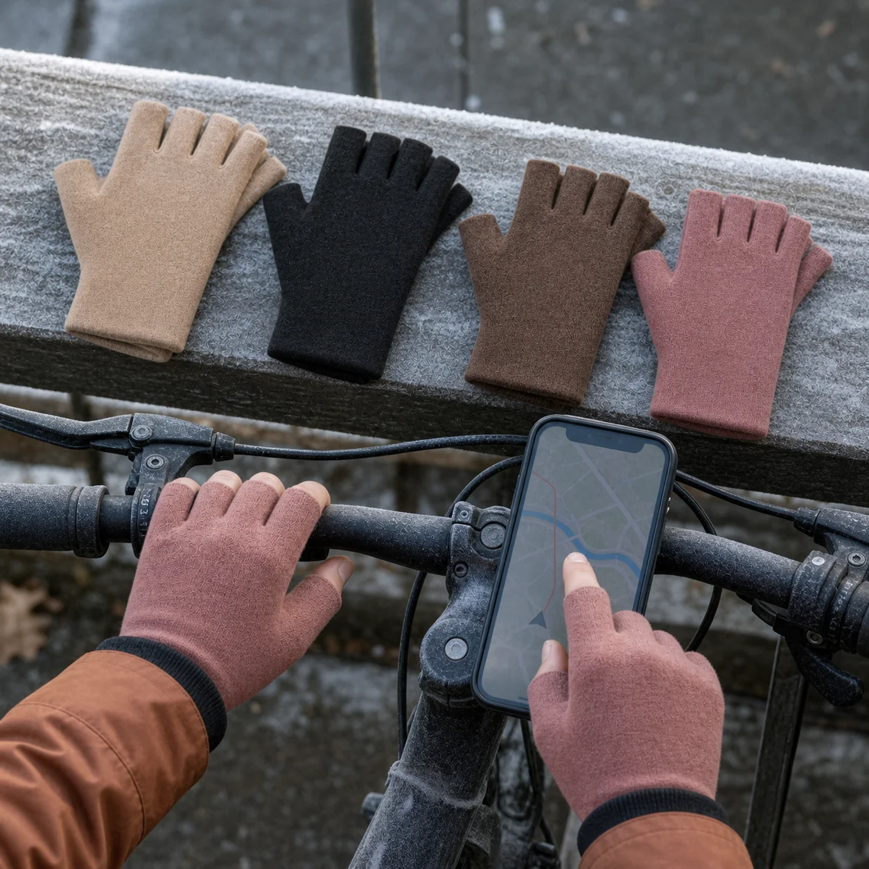 Unisex Half-Finger Heated Wool Silk Touchscreen Gloves for Winter Cycling & Office Work
