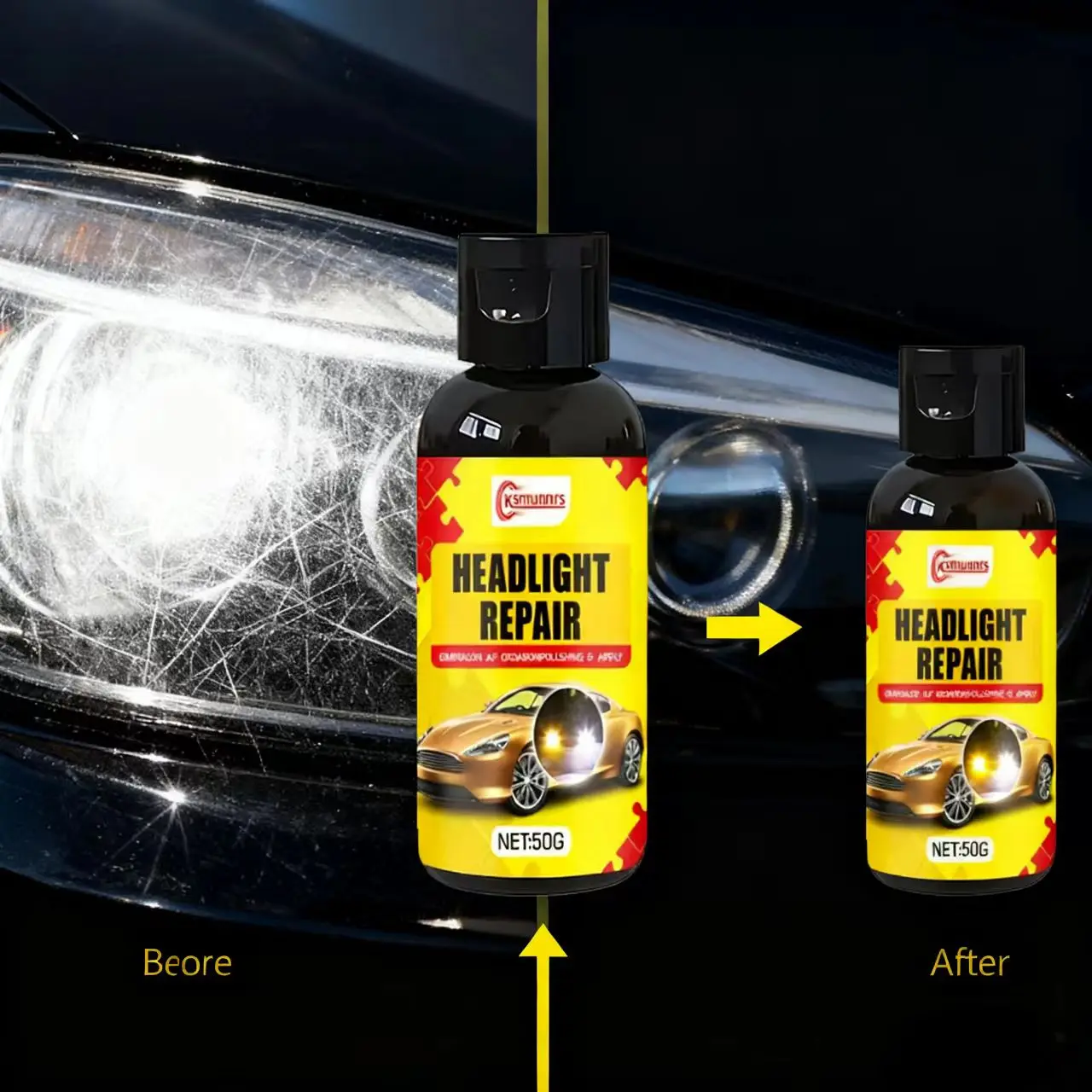 

Ksmuiirs Headlight Repair 50G - Car Headlight Restoration Solution, Fix Yellowed/Faded Lenses, Restore Bright Shine & Long-Lasti