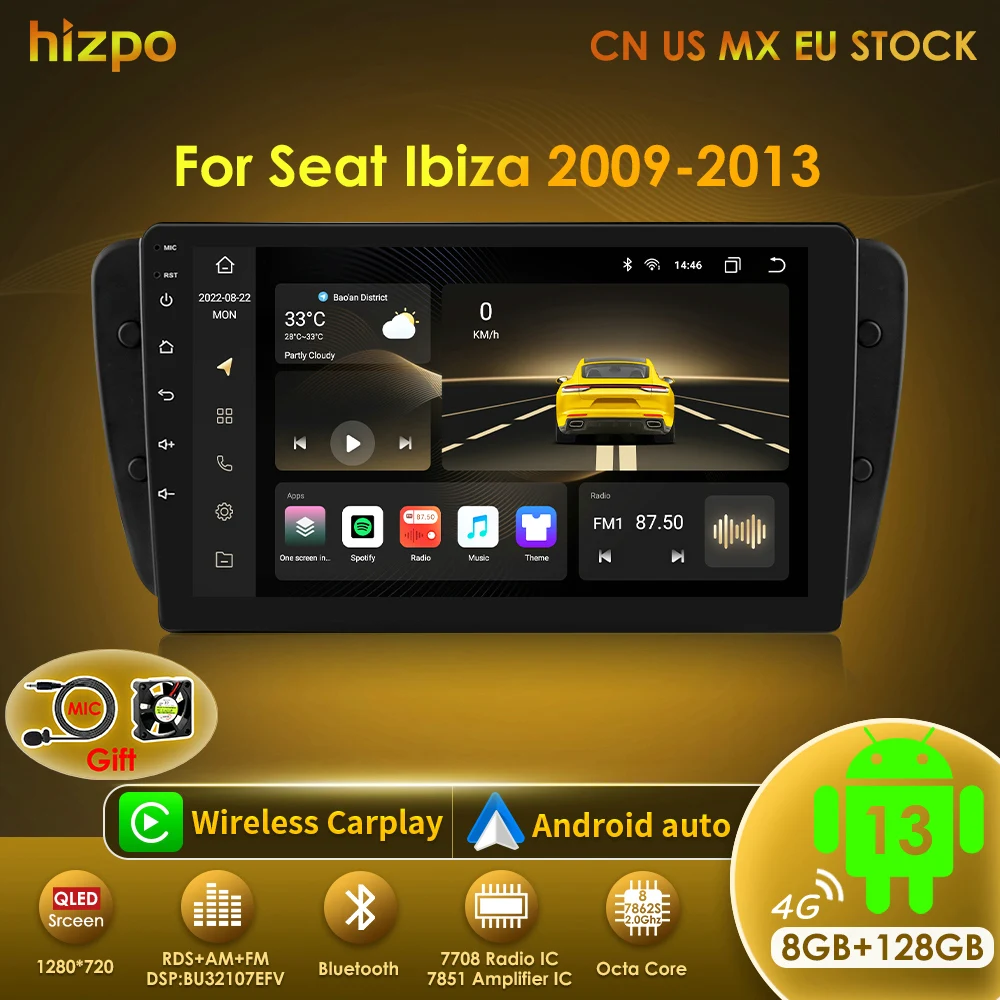 Hizpo-reproductor Multimedia con GPS para coche, dispositivo estéreo con pantalla de 8 núcleos, 2 Din, Audio, Wifi, Carplay, para Seat Ibiza 6j 2009, 2010, 2012, 2013