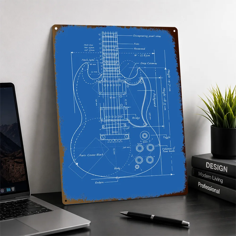 SG Electric Guitar Blueprint Aluminum Poster Customized Metal Tin Sign Industrial Schematic Style Wall Art Chosen By Musicians
