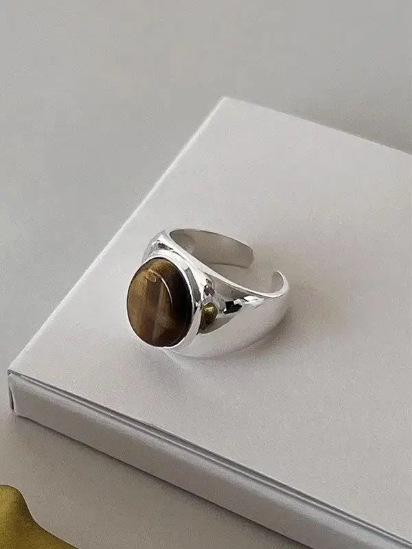s925-スターリングシルバー-タイガーの目-オーバルリング-アンバーカラー-ワイドフェイス-シンプルデザイン-レトロファッションジュエリー-女性用