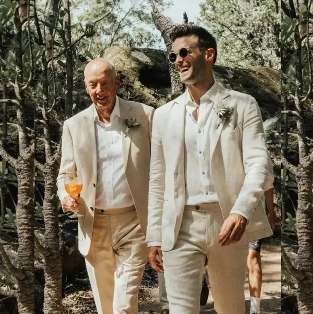 Beige Linen Men Suits Two Piece Good Quality Notch Lapel Single Breasted Casual Daily Beach Outfits Elegant Wedding Tuxedo