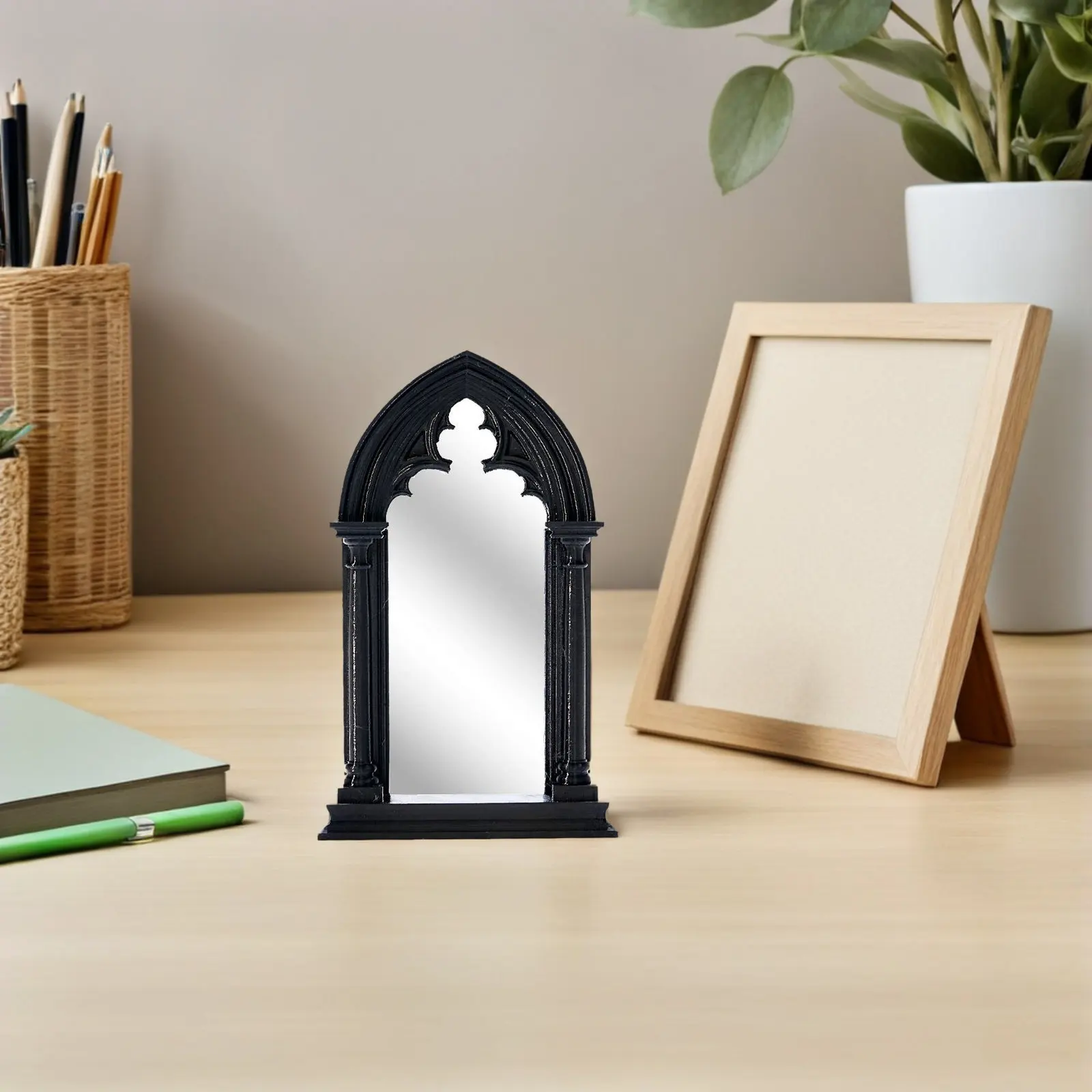 Black Arched Gothic Window Mirror Faux 3D Cathedral Frame Wall Shelf Mirror Baroque Style Dark Academia Decor Accent