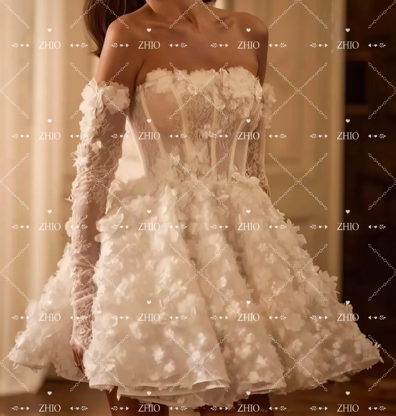 ZHIO Affascinante mini abito da sposa floreale 3D con guanti senza spalline abito da sposa a-line abiti da festa di ballo personalizzato Robe De Mariée