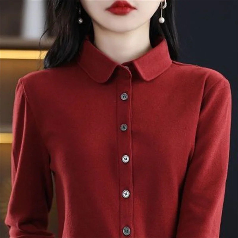 Camicia con colletto a risvolto morbido alla moda 2024 nuova camicia Casual da donna top primavera autunno inverno addensare camicia a fondo caldo femminile