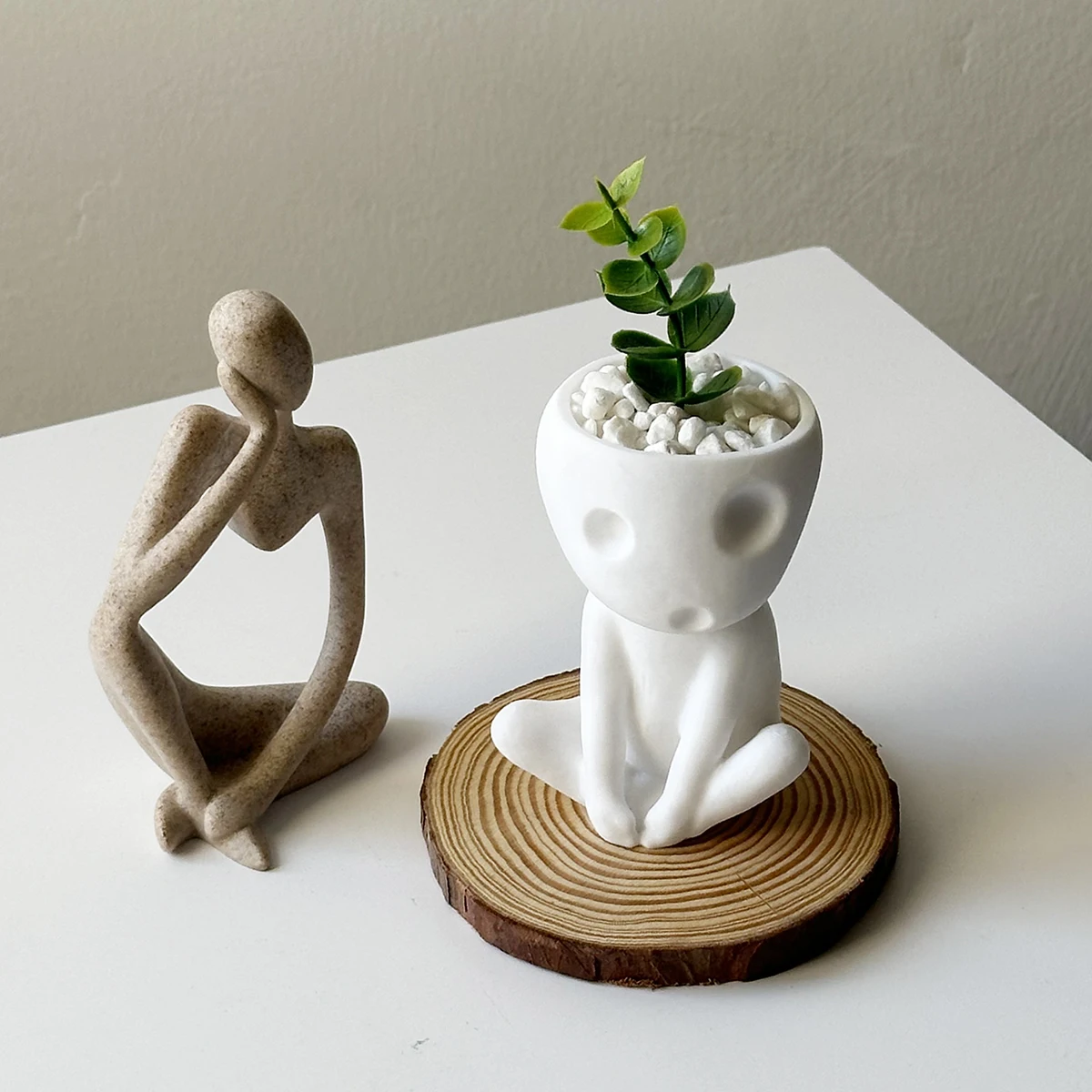 Cute Seated Figurine Mini Planters | White Cartoon-Style Succulent Planters | Decorative Planters for Home and Office Desks
