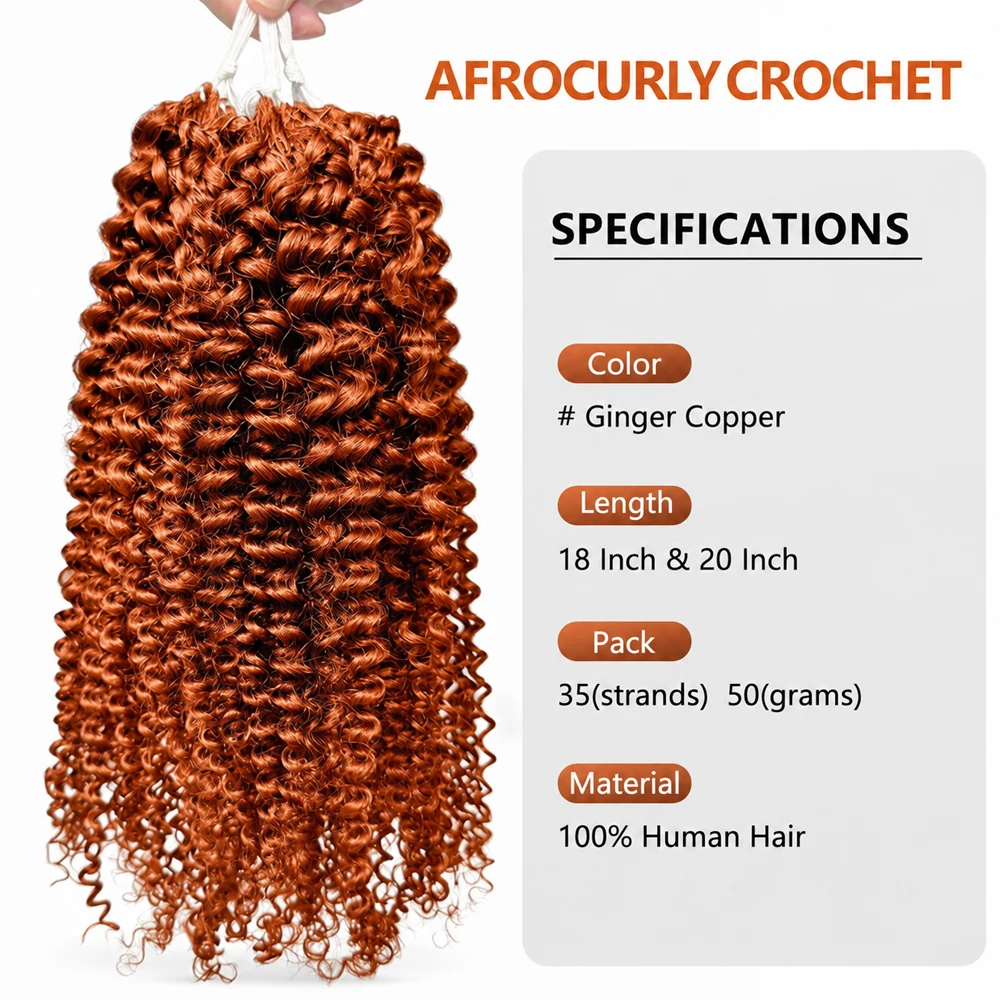 Afro Curly Crochet Human Hair Ginger Copper Pre Separated Invisible Knotless Hair Soft Fluffy Natural Volume Protective Style