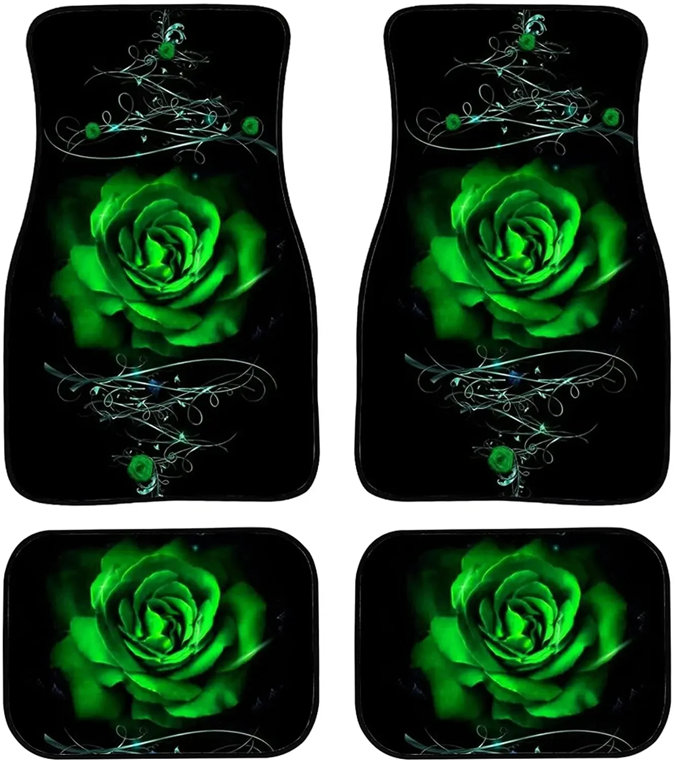 WELLFLYHOM Green Rose Car Floor Mat for Women Full Set 4-Piece Auto Carpet with Rubber Back Non Slip Washable Car Mats Automotiv