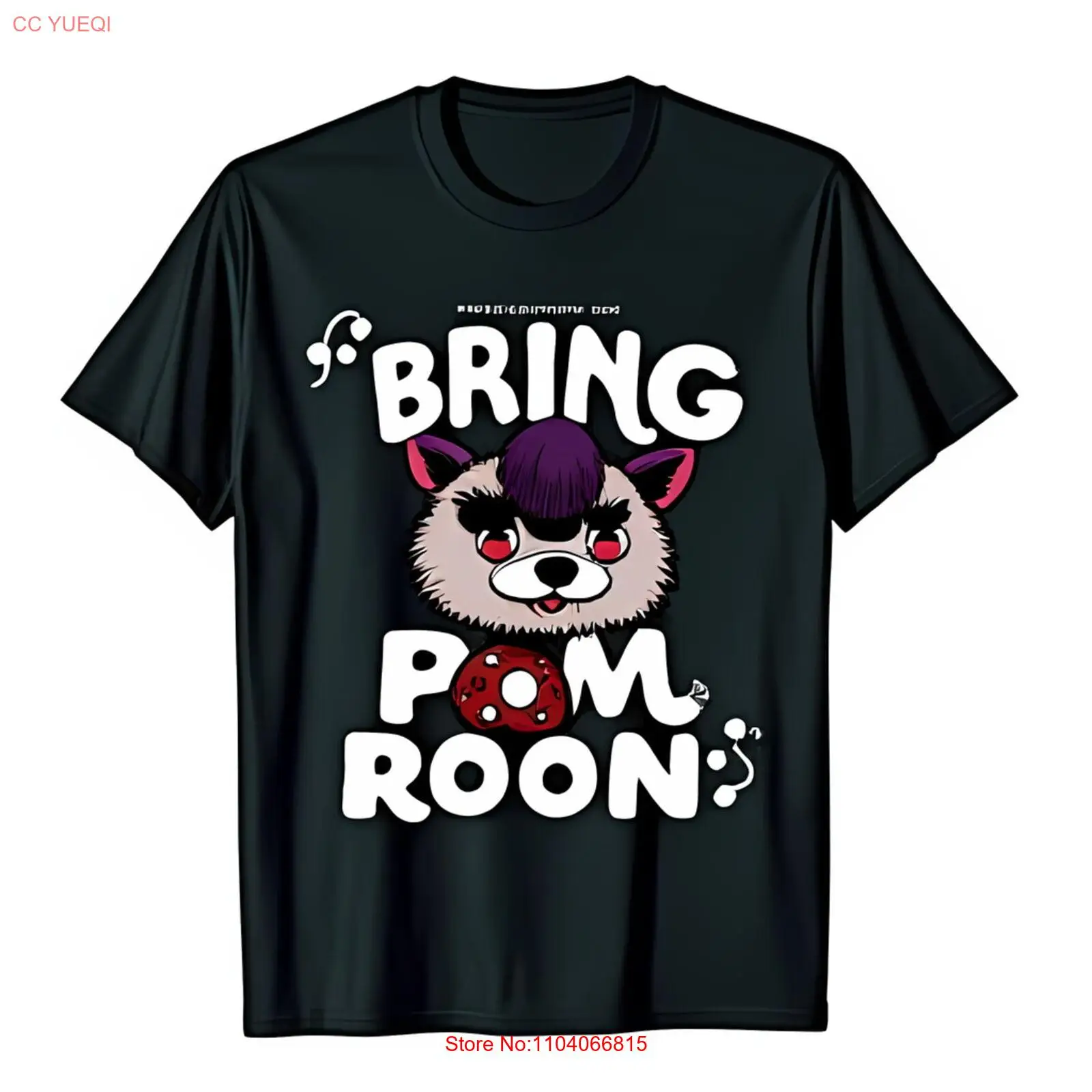 Cool Black T-Shirt with Cartoon Animal Hair & BRING POM ROON Graphic