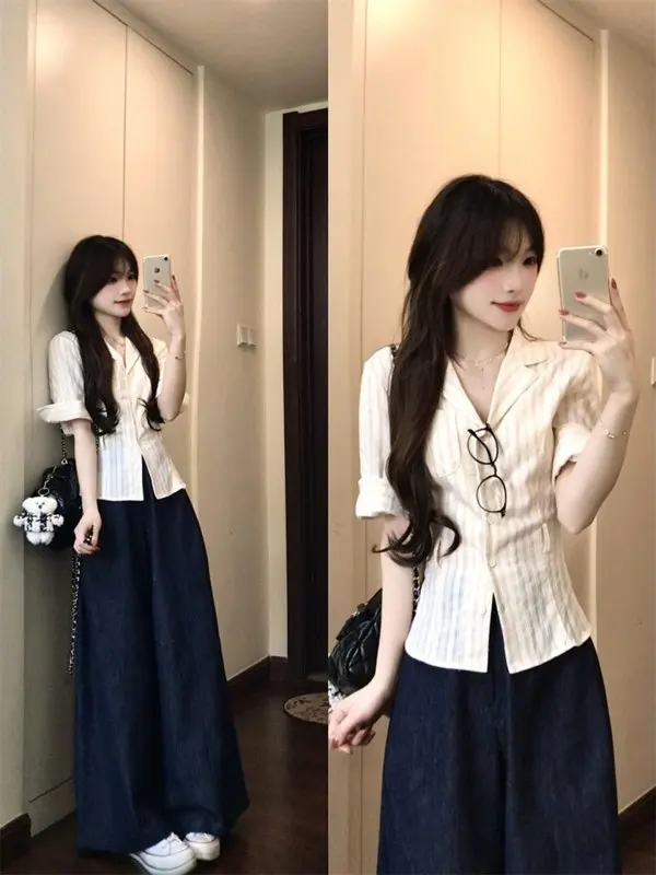 

Retro Korean Style Yellow Slim Fit Shirt Women's Early Spring Checkered Design Sense Versatile Trendy Top Button up