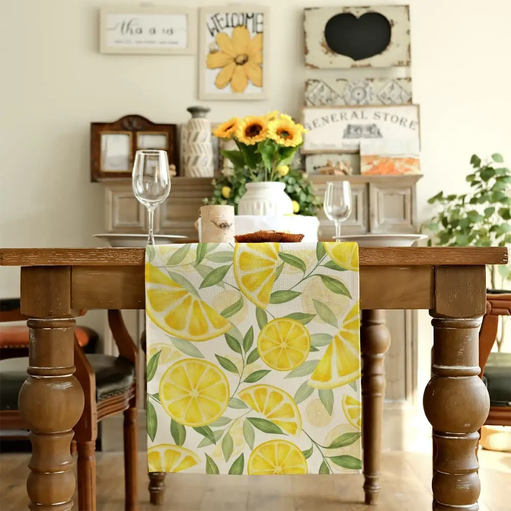 Summer Yellow Lemon Linen Table Runners Holiday Party Decorations Leaves Farmhouse Dining Table Runners Kitchen Table Decor