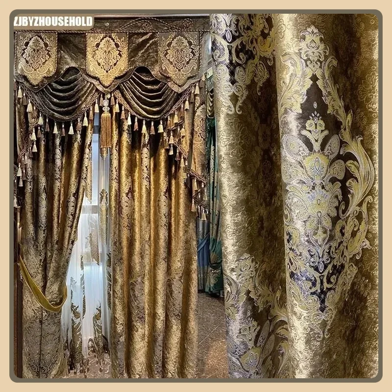 

Luxury Velvet Curtains for Living Dining Room Bedroom European Palace High Shading Carved Gold Curry Villa Windows Valance