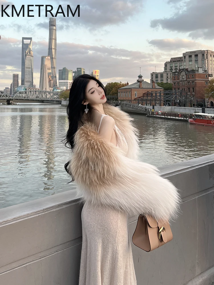 KMETRAM معاطف فرو الكلب الراكون الطبيعي 100% ملابس أنيقة متدرجة للنساء 2025 سترة شتوية قصيرة للنساء